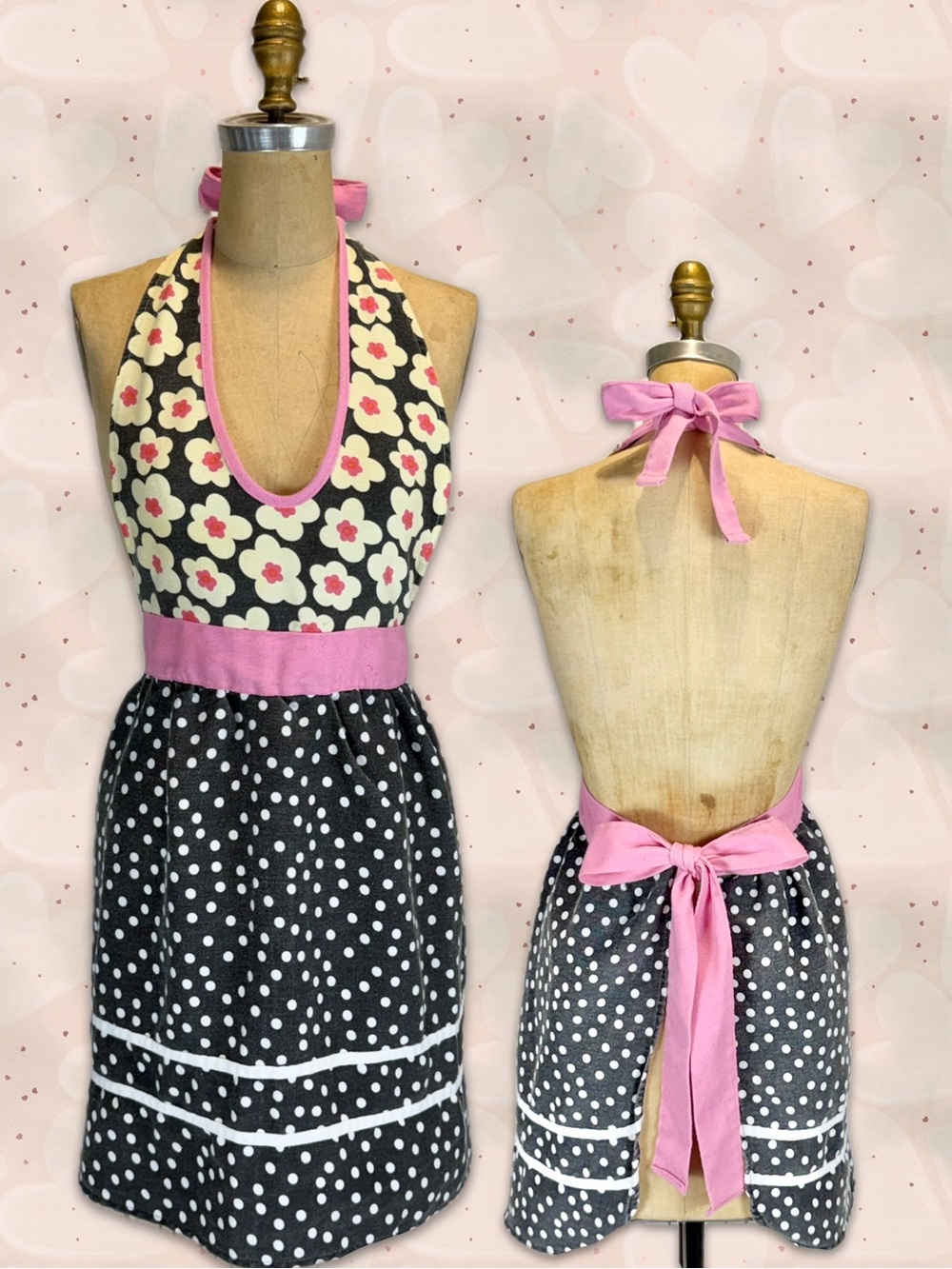 Kitchen apron full length back tie pink polka dot flower baking utility retro